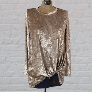 Bellamie Beige Crushed Velvet Side Knot Hem Long Sleeve Top